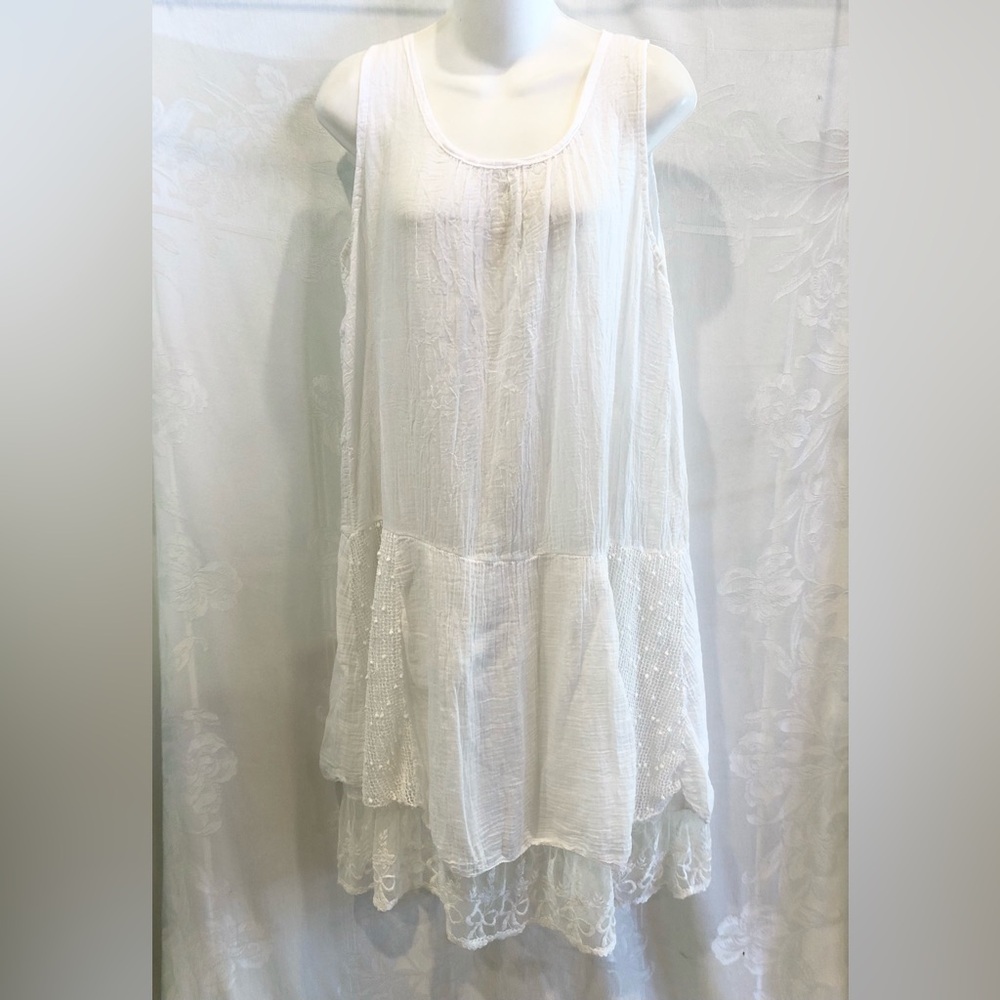 New Italian SHYLOH White Crinkle Gauze & Lace Tank Dress OS M L $110